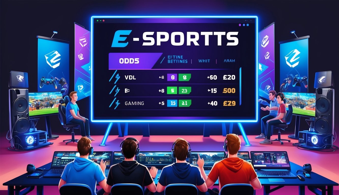 Sekelompok orang yang menonton layar besar dengan odds taruhan e-sports yang ditampilkan, dikelilingi oleh peralatan permainan dan materi promosi