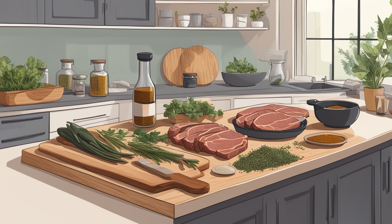 A kitchen counter with various spices, herbs, and meats laid out for marinating. A bowl of liquid marinade sits next to a cutting board with slices of meat