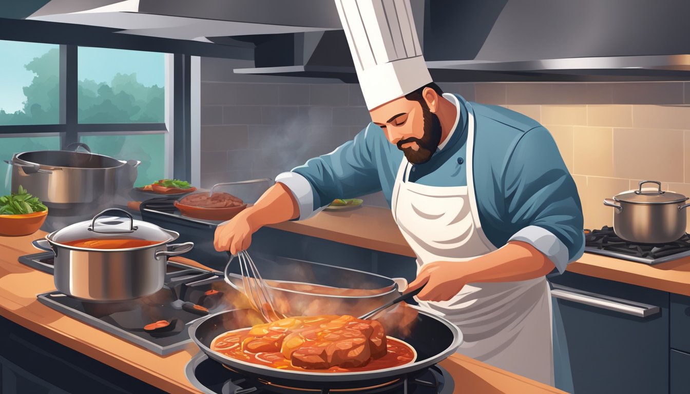 A chef stirring a pot of rich, meat-based sauce over a sizzling stove. A variety of carnivore-friendly ingredients line the countertop