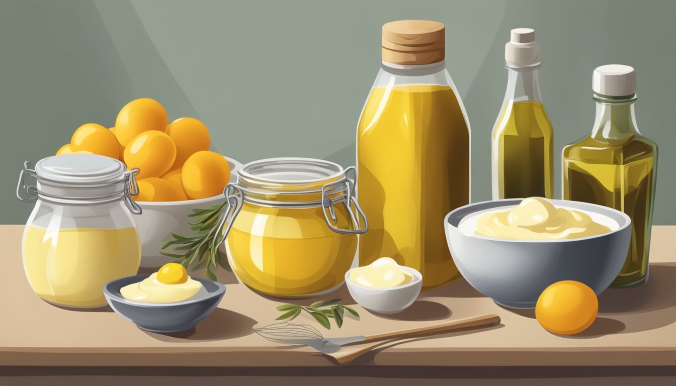 A jar of mayonnaise, a bottle of vinegar, a bowl of raw egg yolks, a bottle of olive oil, and a whisk on a kitchen counter