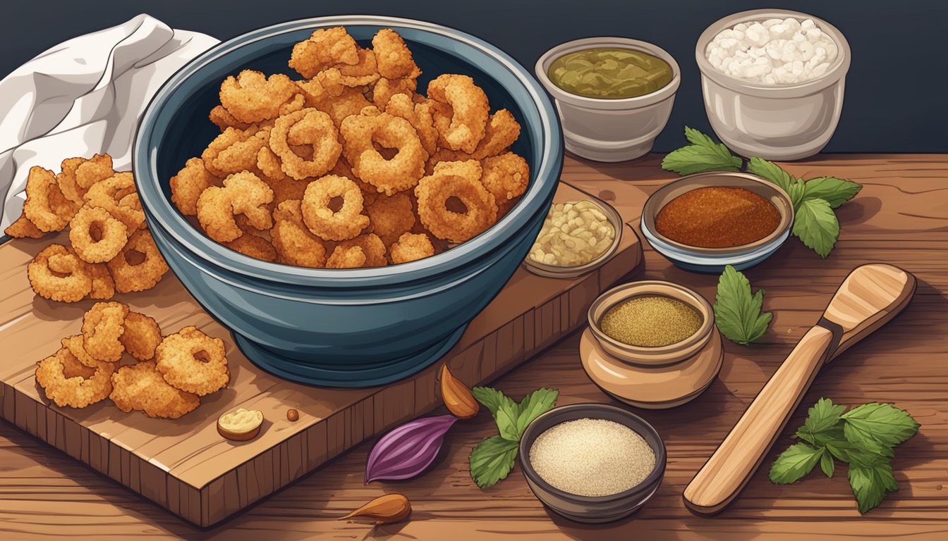 A bowl of freshly fried pork rinds sits on a wooden cutting board, surrounded by various seasonings and spices. A chef's knife and a cutting board are nearby