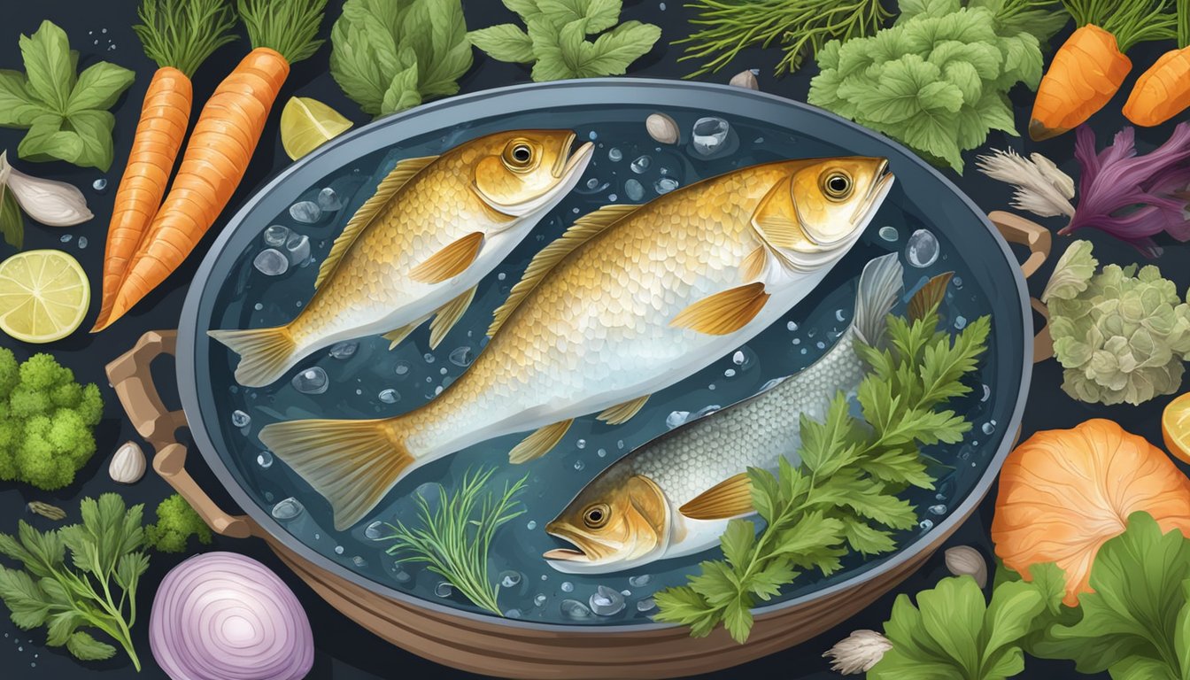 A variety of carnivorous fish heads and bones simmer in a large pot of water, surrounded by aromatic herbs and vegetables