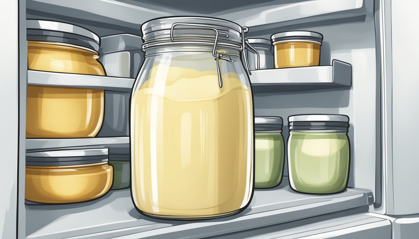 A jar of homemade mayonnaise being stored in a refrigerator