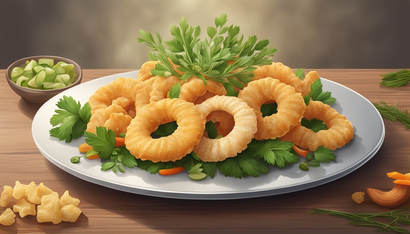 A plate of pork rinds surrounded by fresh herbs and vegetables, with a clear focus on the crispy texture and savory appearance of the snack