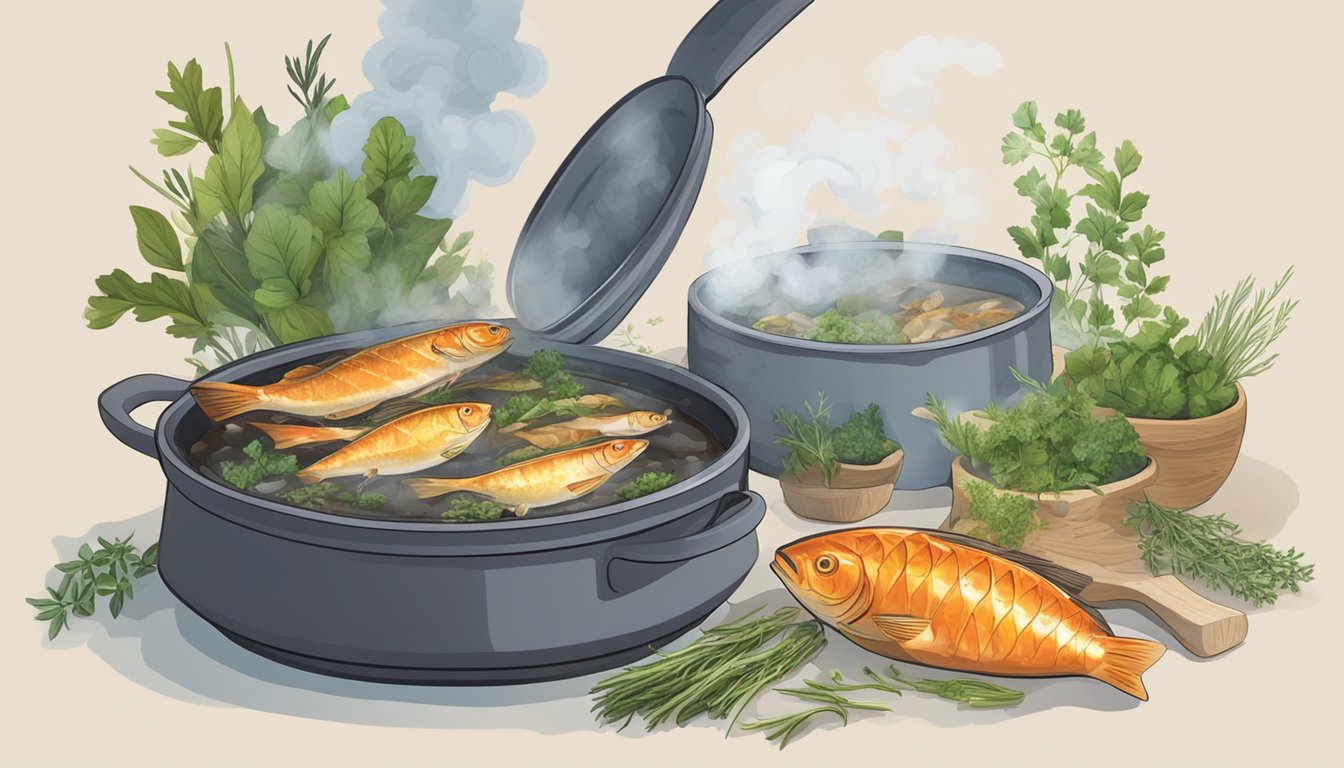 A pot simmering on a stove, filled with fish bones, water, and herbs. A wooden spoon stirs the mixture as steam rises from the pot