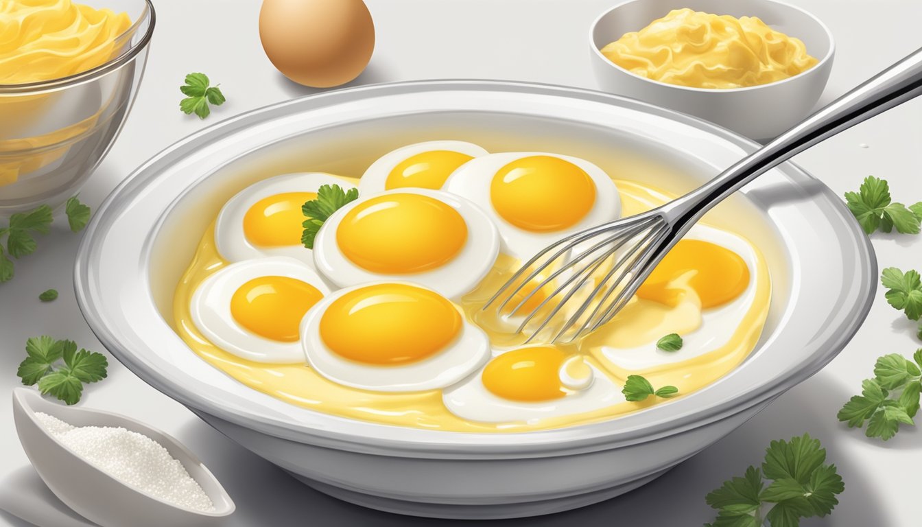 A bowl of egg yolks, vinegar, and salt being whisked together with a stream of oil to create creamy mayonnaise