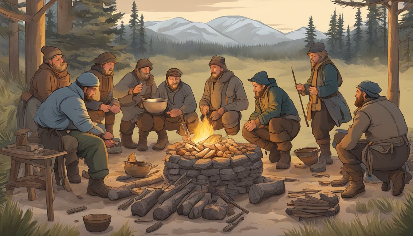 A group of hunters gather around a fire, preparing to mix dried meat and fat to create pemmican. They carefully measure and mix the ingredients in a traditional process