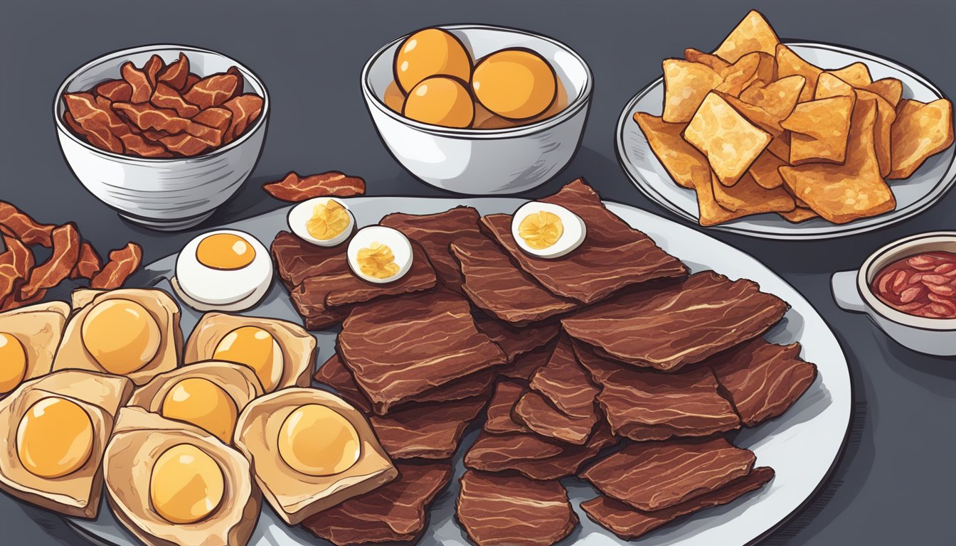 A table spread with various carnivore-friendly snacks: beef jerky, hard-boiled eggs, cheese slices, and bacon strips