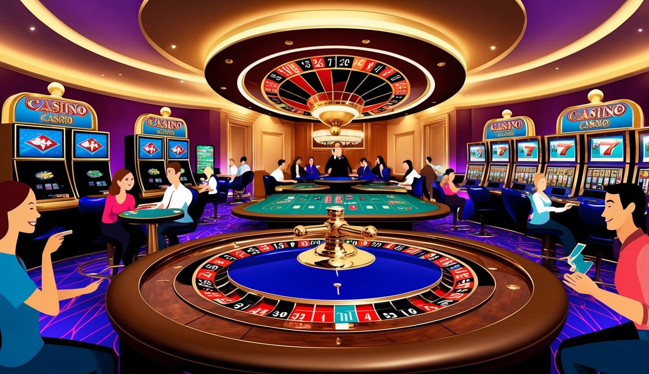 Sebuah kasino virtual yang hidup dengan roda roulette, meja kartu, dan mesin slot, dikelilingi oleh pemain animasi yang menikmati pengalaman bermain game online secara langsung