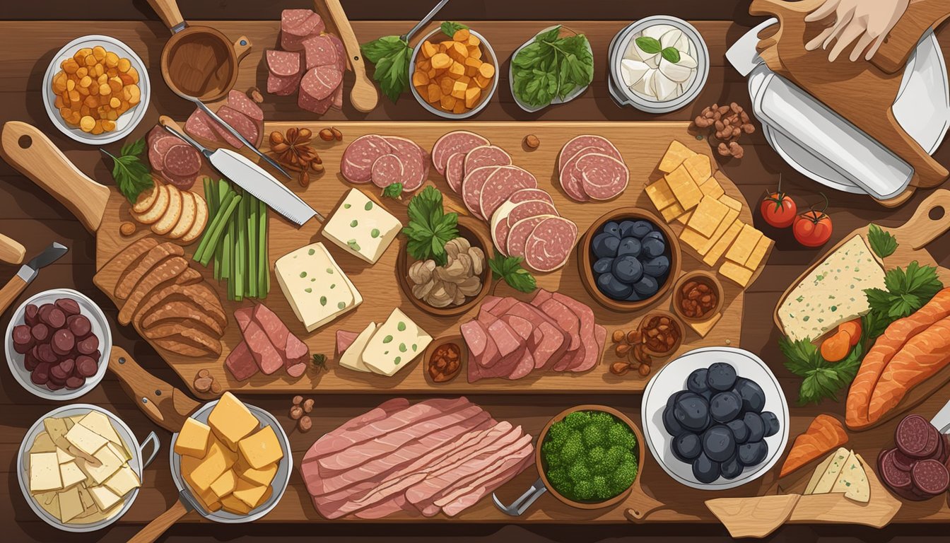 A wooden charcuterie board surrounded by various meats, cheeses, and tools such as knives and spreaders