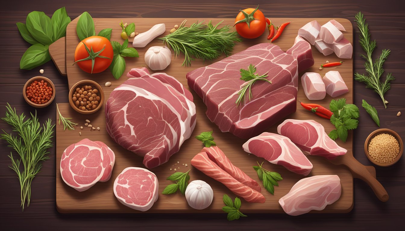 A variety of raw meats and organ meats laid out on a wooden cutting board, surrounded by fresh herbs and spices