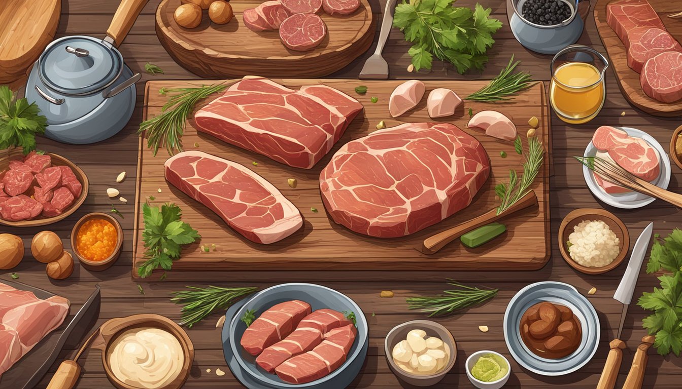 A rustic kitchen counter with various cuts of meat and rendered fat, surrounded by traditional cooking tools and ingredients