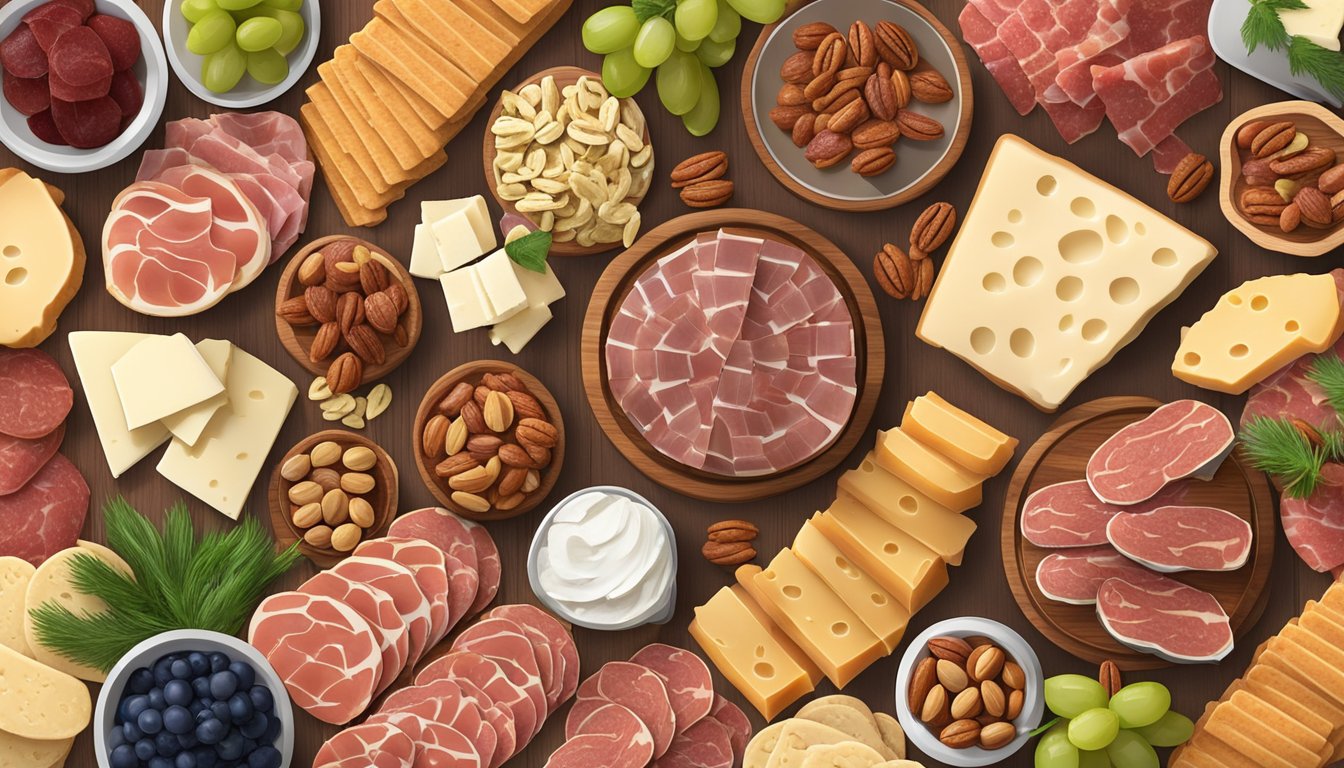 A wooden charcuterie board with an assortment of cured meats and cheeses, surrounded by nuts, fruits, and crackers