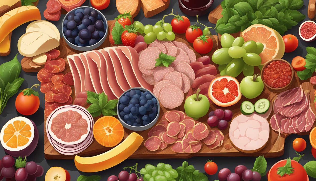 A wooden charcuterie board filled with an assortment of cured meats, surrounded by an array of colorful fruits and vegetables, such as grapes, strawberries, figs, cherry tomatoes, and sliced cucumbers