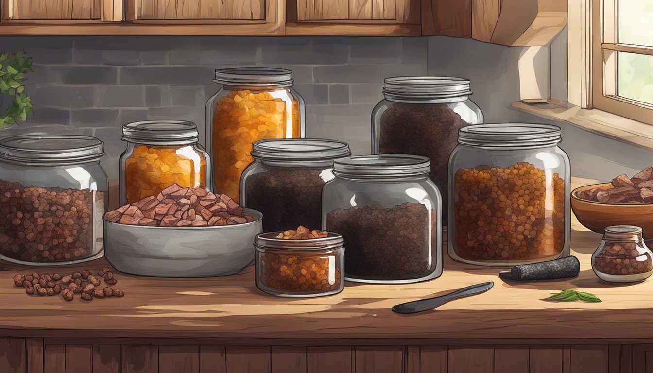 A rustic kitchen counter with homemade pemmican stored in airtight containers, surrounded by jars of rendered fat and dried meat