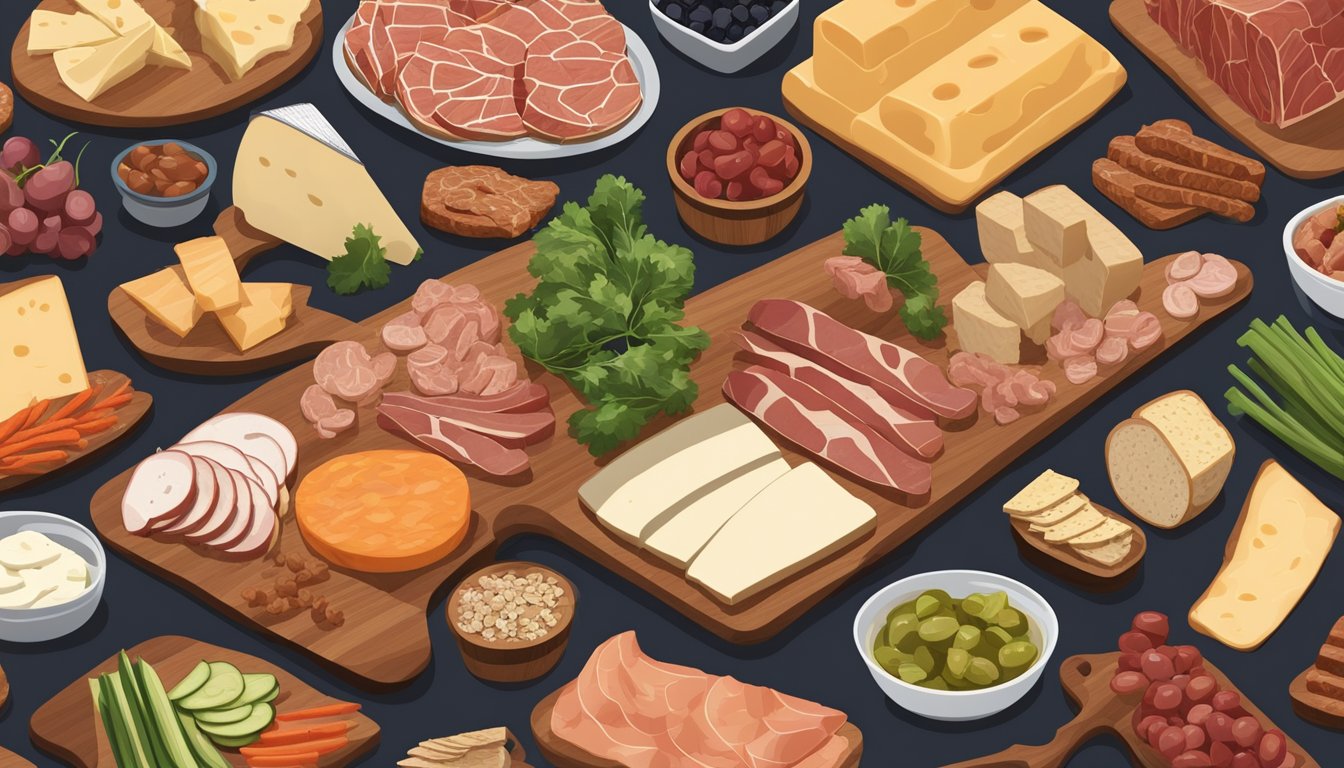 A wooden charcuterie board filled with various meats, cheeses, and low-carb vegetable options, arranged in an aesthetically pleasing display