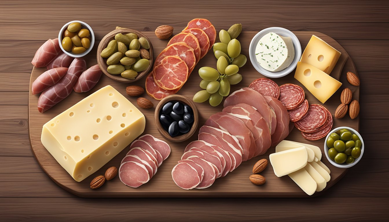 A variety of cured meats, such as prosciutto, salami, and chorizo, are arranged alongside artisanal cheeses, olives, pickles, and nuts on a wooden board