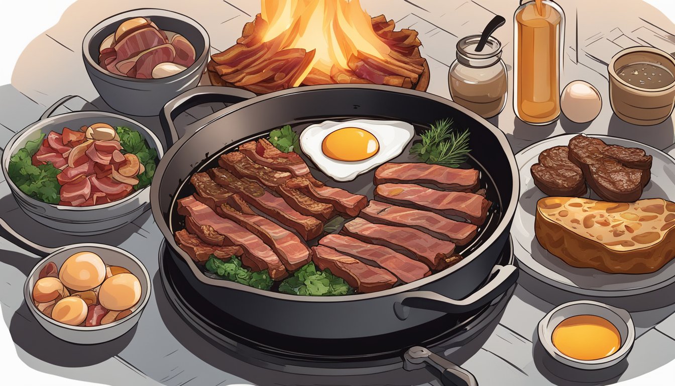 A sizzling skillet with bacon, eggs, and steak cooking over an open flame, surrounded by a variety of fresh cuts of meat and a bowl of bone broth