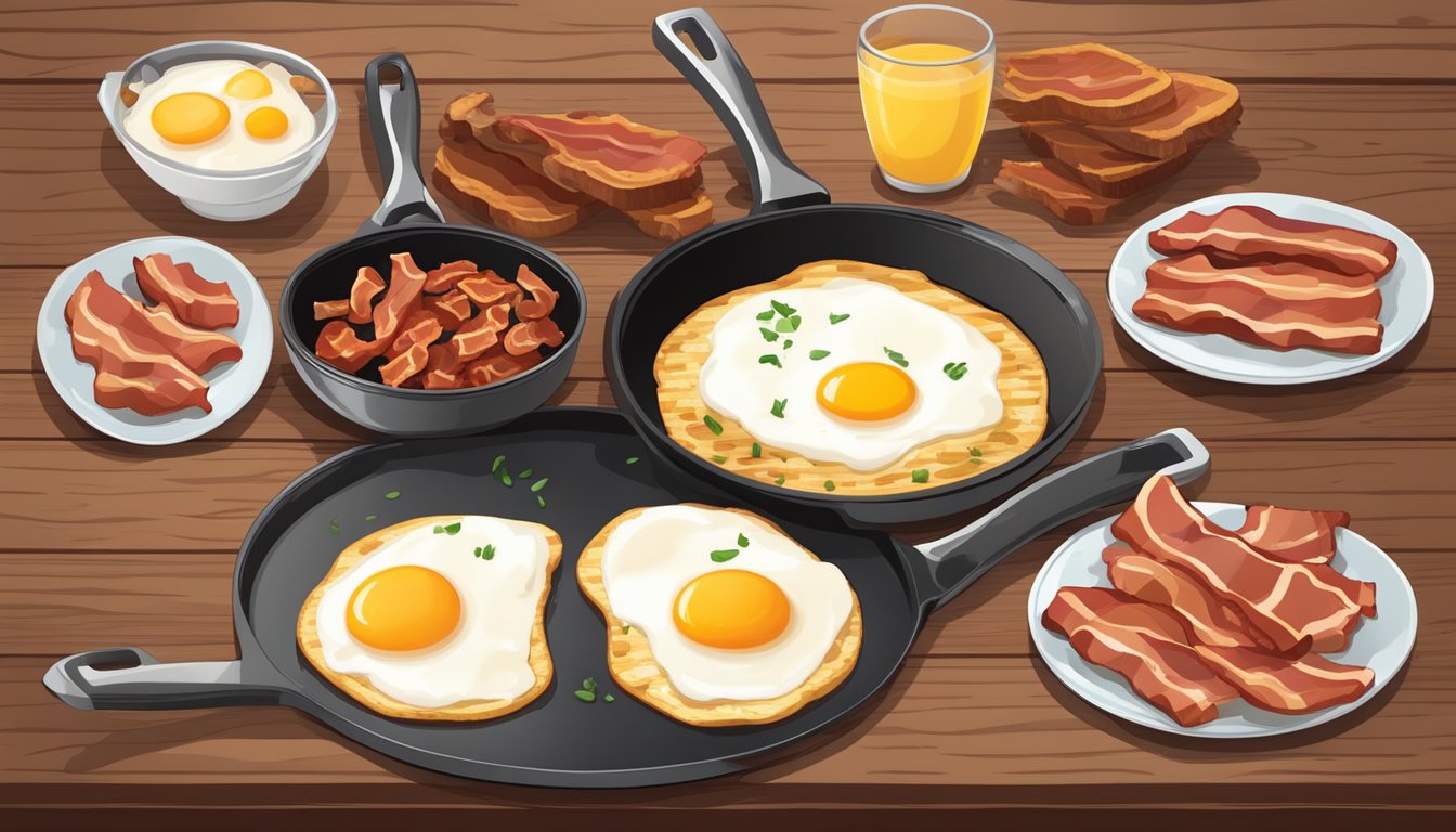 A sizzling skillet with bacon and eggs, a plate of seared steak, and a bowl of crispy bacon strips on a wooden breakfast table