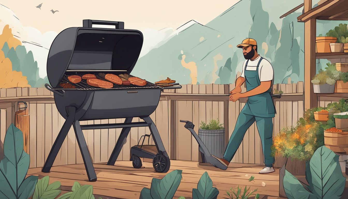 A person grilling various types of meat on a smoker, surrounded by a variety of wood chips and herbs for flavoring