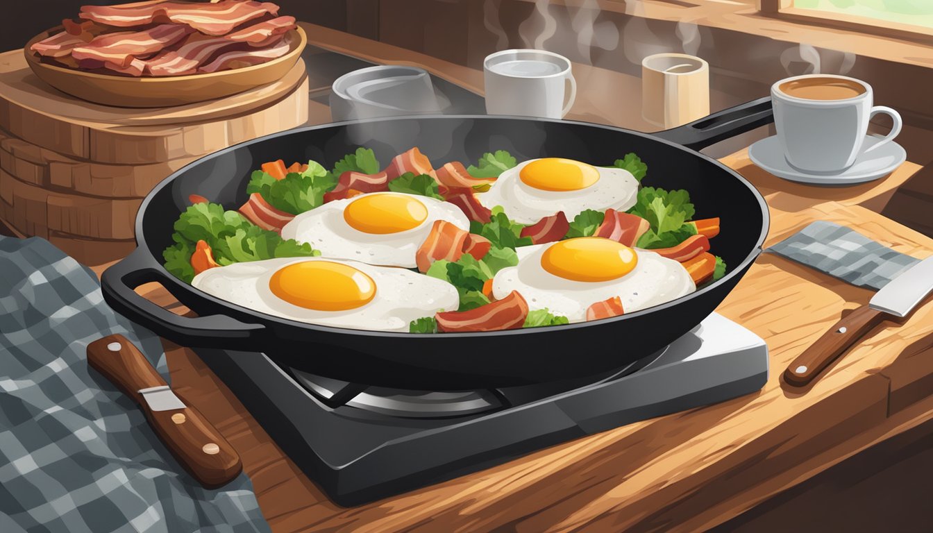 A sizzling skillet with bacon and eggs, a cutting board with fresh vegetables, and a steaming cup of coffee on a rustic kitchen counter