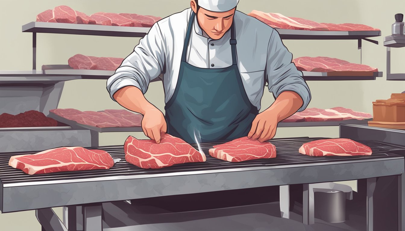 A butcher slicing raw meat and seasoning it with salt and pepper before placing it on a smoking rack