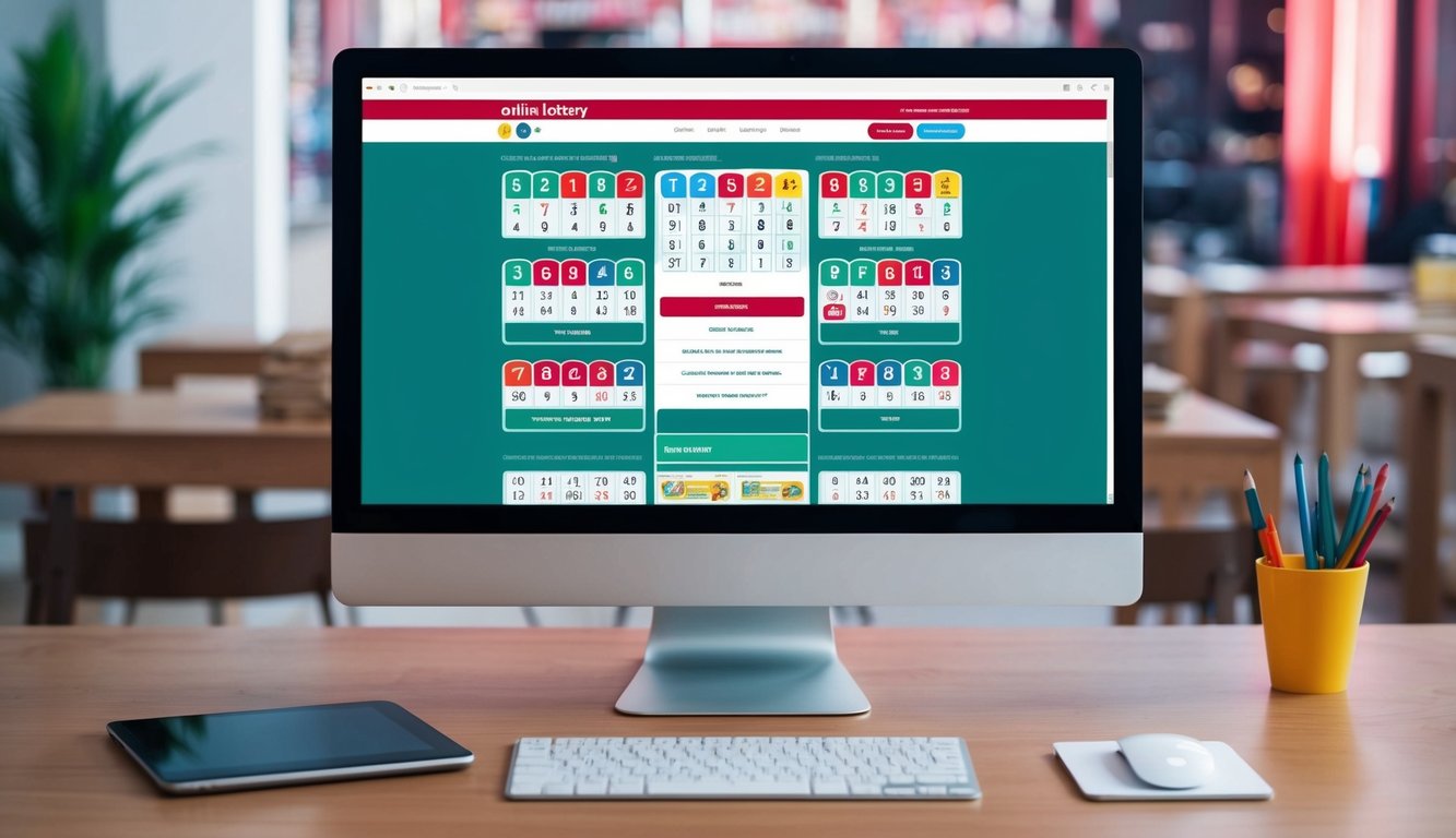 Sebuah layar komputer menampilkan situs web lotere online resmi dengan berbagai nomor dan opsi taruhan