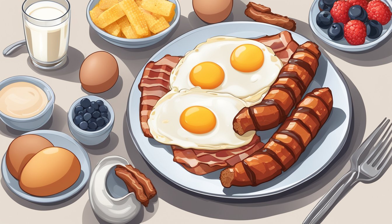 A plate of sizzling bacon, eggs, and sausage next to a pile of fresh berries and a glass of milk