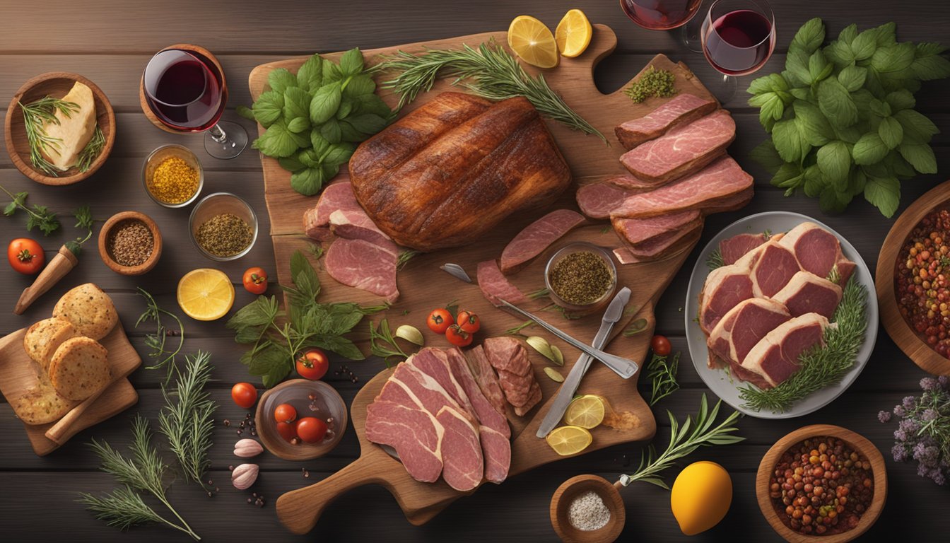 A rustic wooden table adorned with an assortment of smoked meats, surrounded by various herbs, spices, and wine glasses