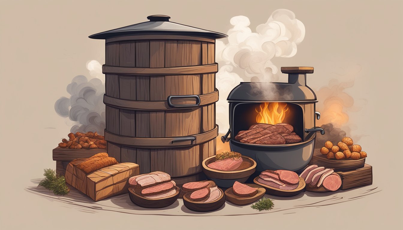 A rustic wooden smoker surrounded by piles of seasoned meats, with wisps of smoke curling up from the top and a tantalizing aroma filling the air