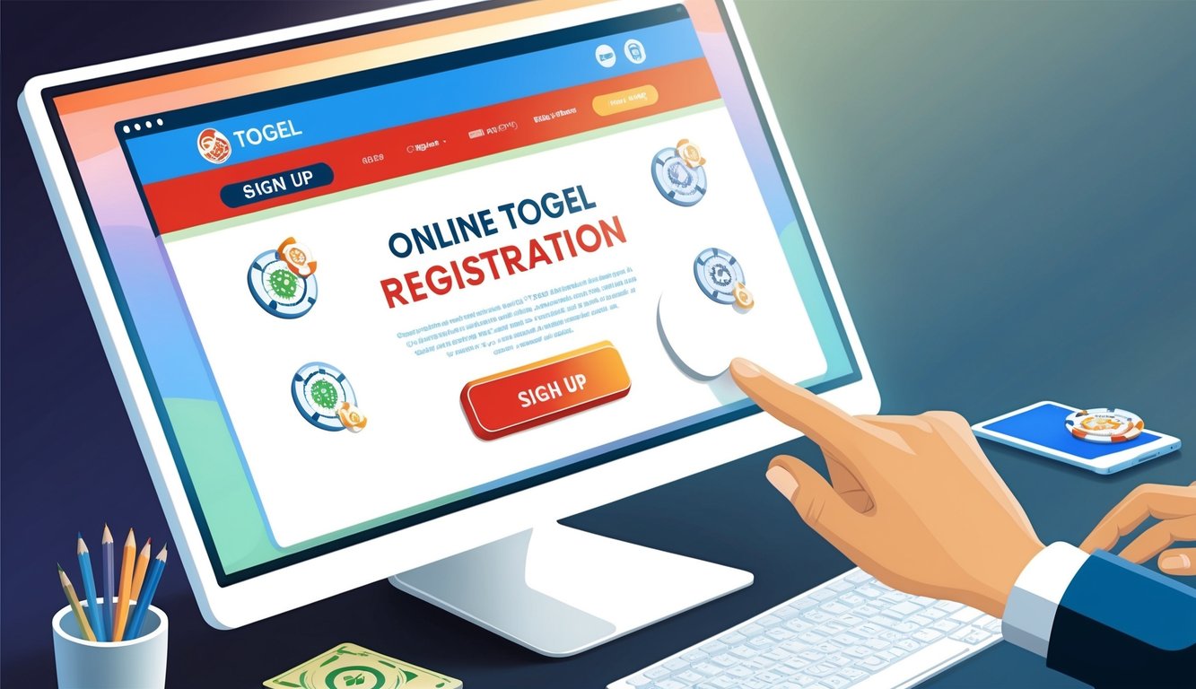 Sebuah layar komputer menampilkan situs web untuk pendaftaran togel online, dengan kursor mengklik tombol "daftar"