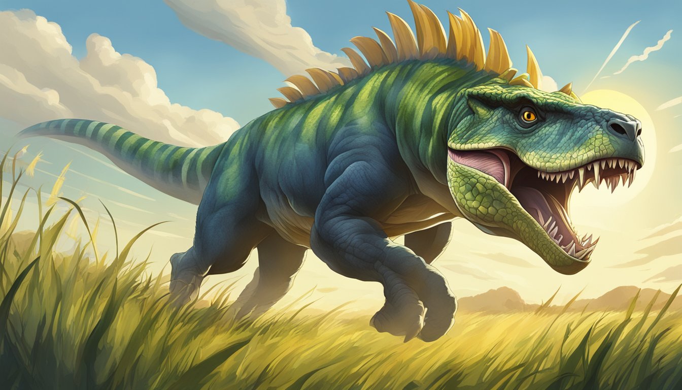 A carnivorous animal running through a grassy savannah, with a clear sky and a bright sun overhead