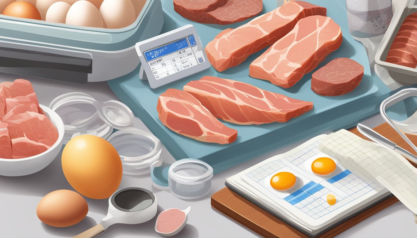 A variety of fresh meats, fish, and eggs displayed next to a blood test kit and a scale, with a notebook for tracking health markers