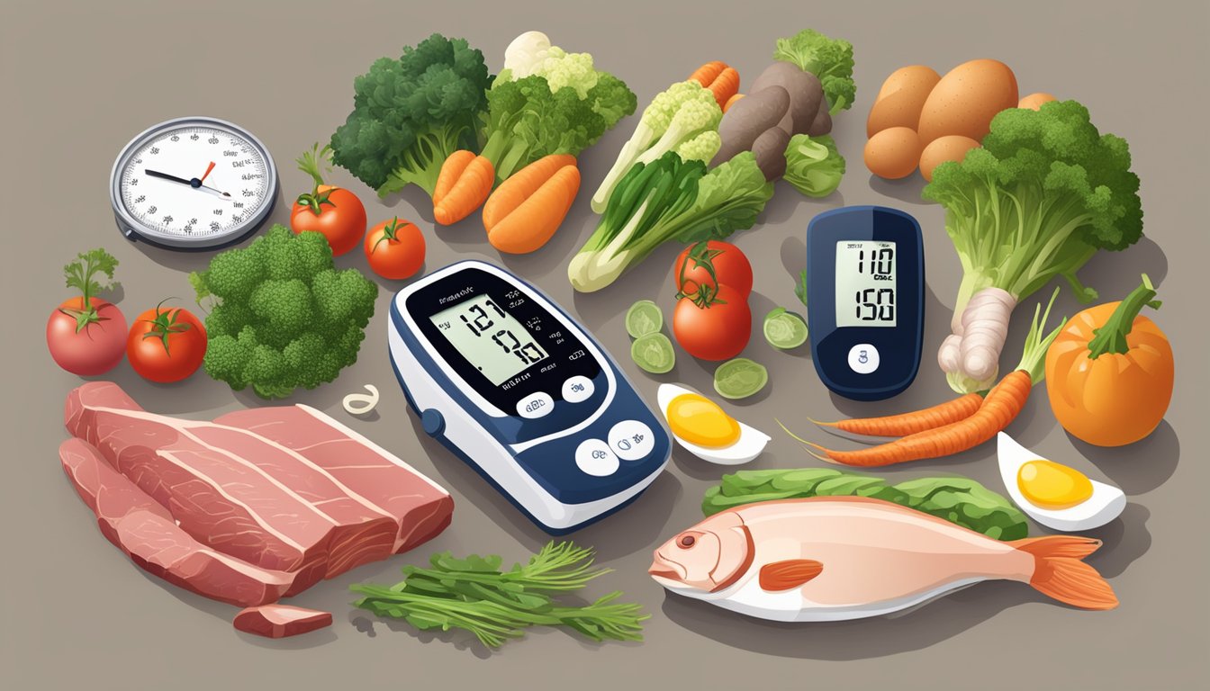 A carnivore diet with various meat, fish, and eggs displayed alongside a blood pressure monitor, scale, and a variety of fresh vegetables