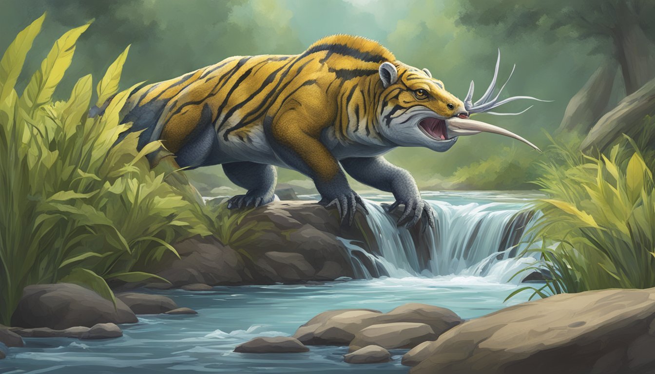 A carnivorous animal drinking from a clear, flowing stream