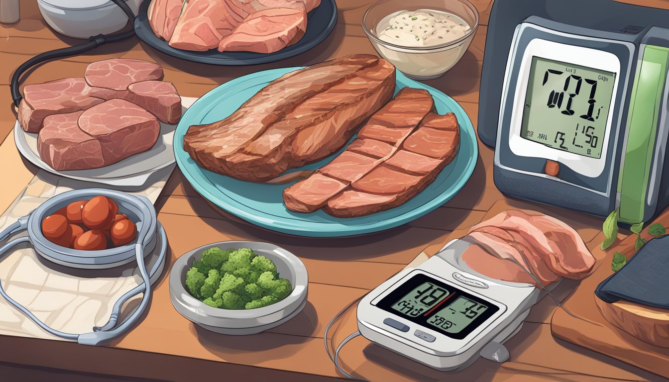 A carnivore diet: A plate of various meats, a scale, and a blood pressure monitor on a kitchen counter