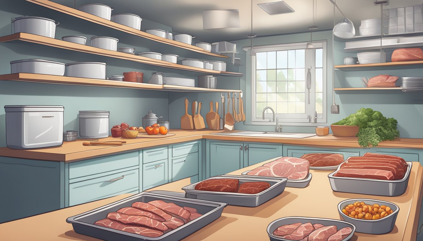 A well-organized kitchen with neatly arranged meat cuts, labeled storage containers, and a clear workspace for carnivore meal preparation