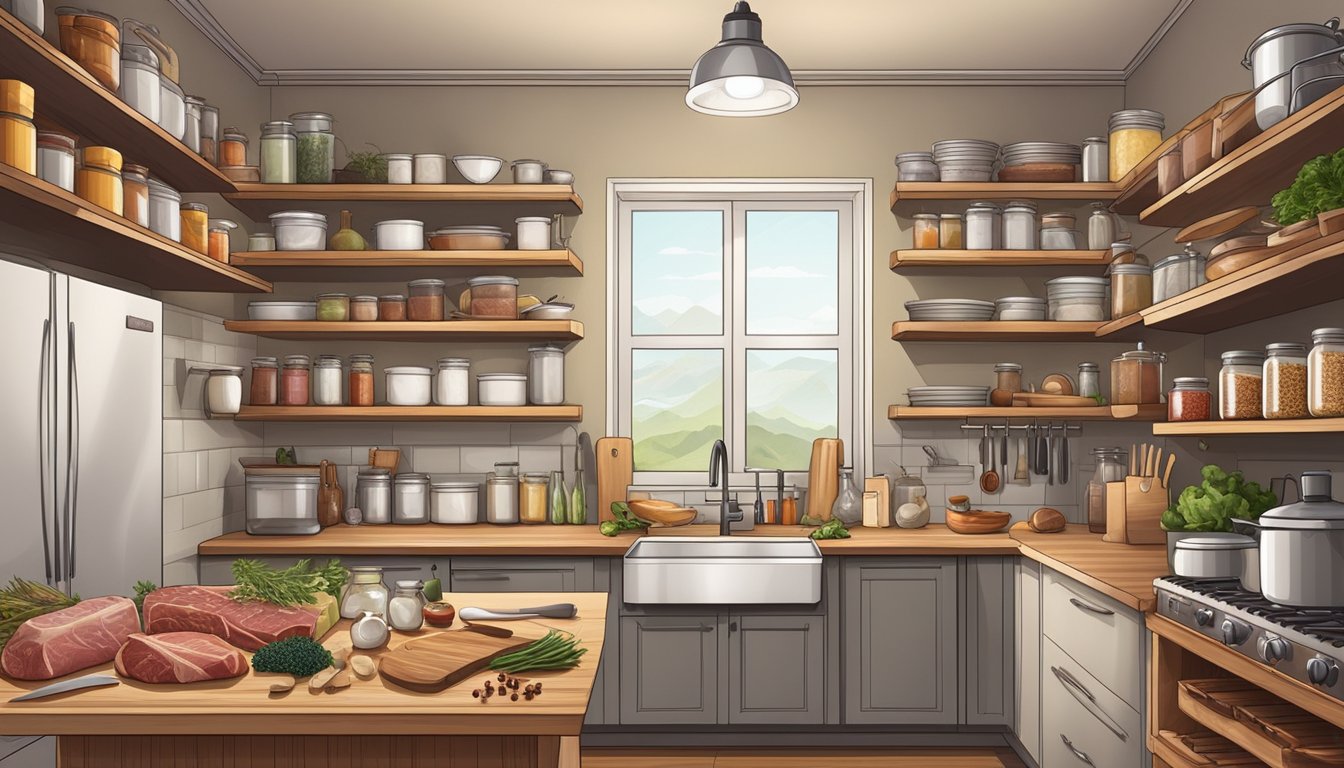 A well-organized kitchen with a variety of fresh meats, cutting boards, and sharp knives. Pantry stocked with spices, oils, and cooking utensils