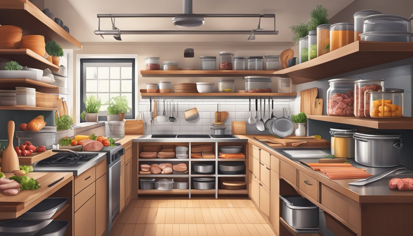 A neatly organized kitchen with shelves and drawers filled with containers of various meats, cutting boards, and cooking utensils