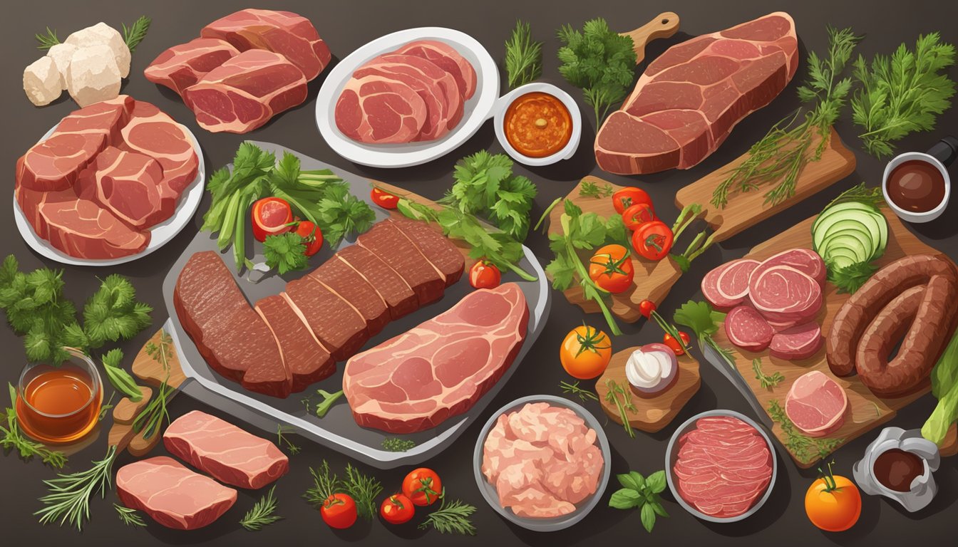 A table spread with a variety of raw and cooked meats, including steaks, ribs, and sausages, surrounded by a selection of fresh herbs and vegetables