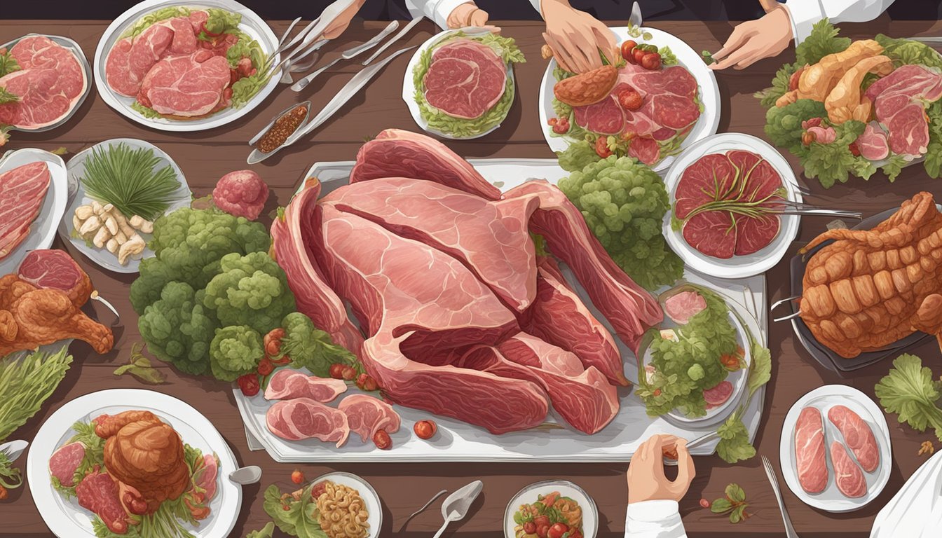 A long banquet table set with raw meat, bones, and organs, surrounded by eager carnivorous animals