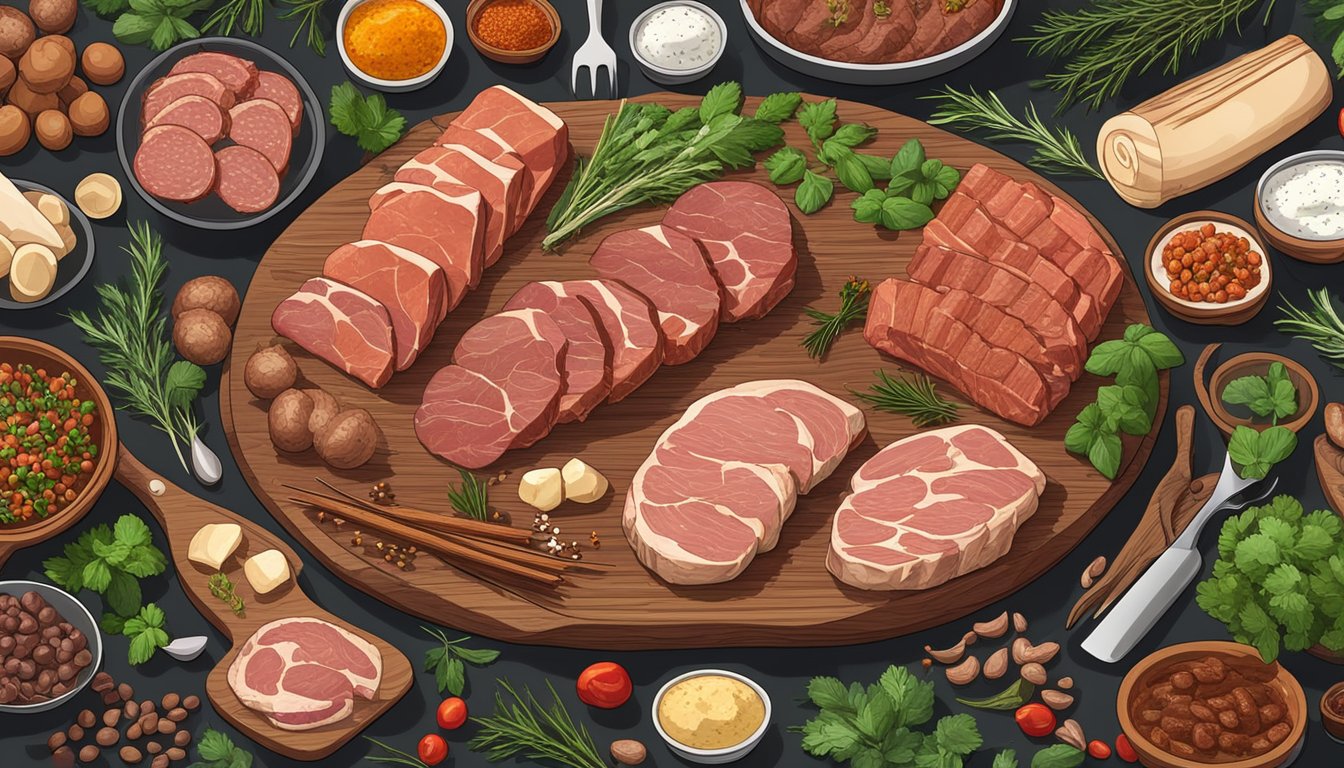 A table laden with various cuts of high-quality meats, surrounded by fresh herbs, spices, and cooking utensils, ready to be prepared for a carnivore diet feast for a large gathering