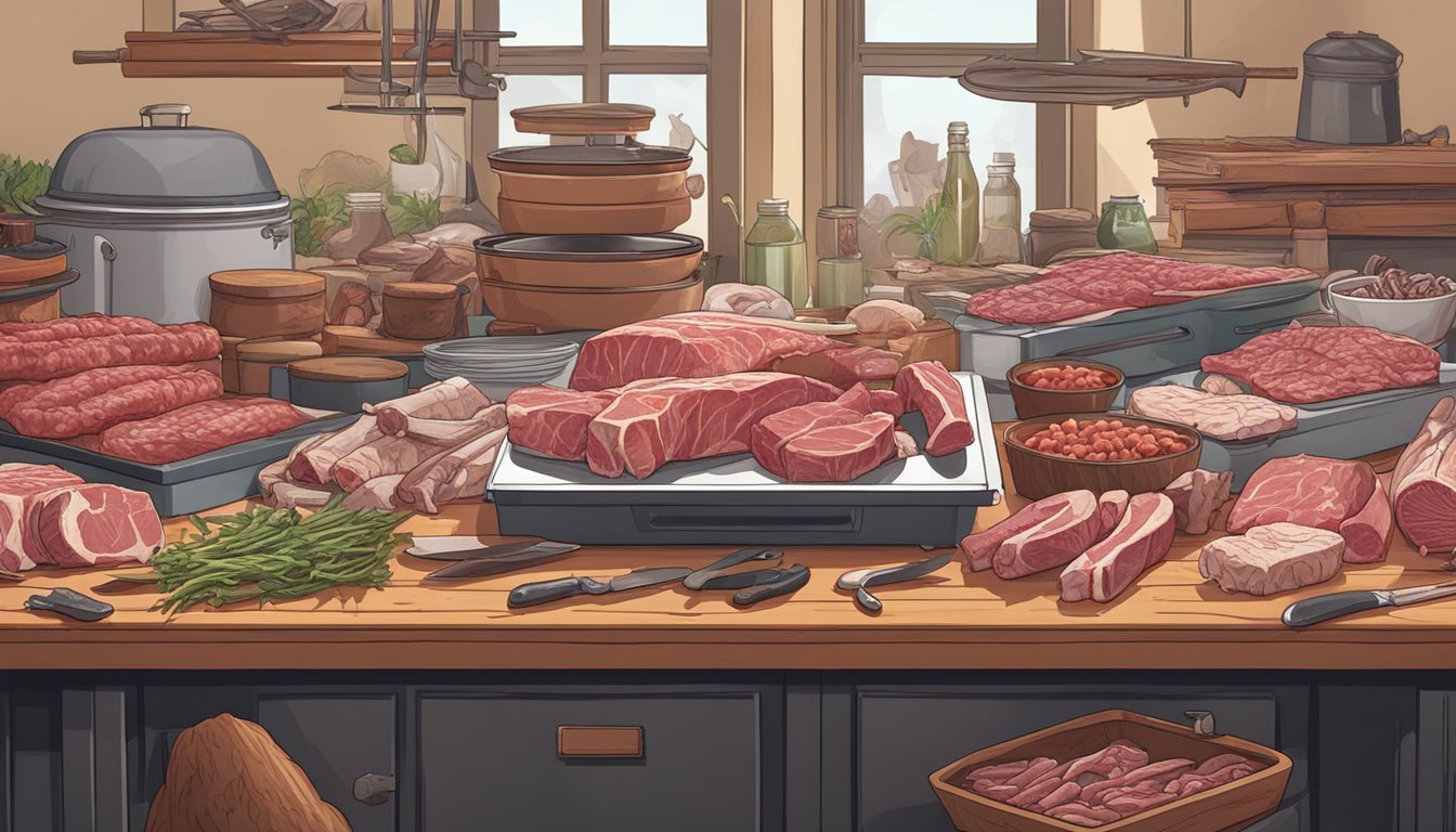 A table laden with raw meat, bones, and organs, surrounded by eager carnivores. Knives and cutting boards are ready for preparation