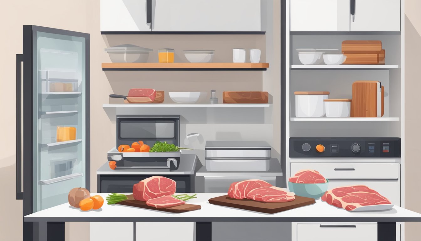 A clean kitchen counter with a cutting board, knife, and raw meat. A refrigerator with organized shelves for storing raw meat