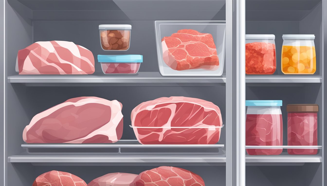 Raw meat stored in a clean, organized refrigerator with separate containers for different types of meat. Temperature gauge visible