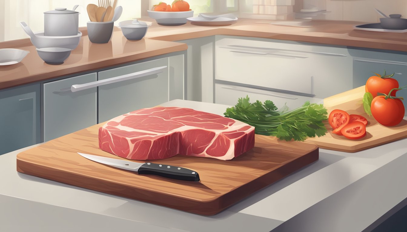 A clean kitchen counter with a cutting board, knife, and raw meat in a sealed container