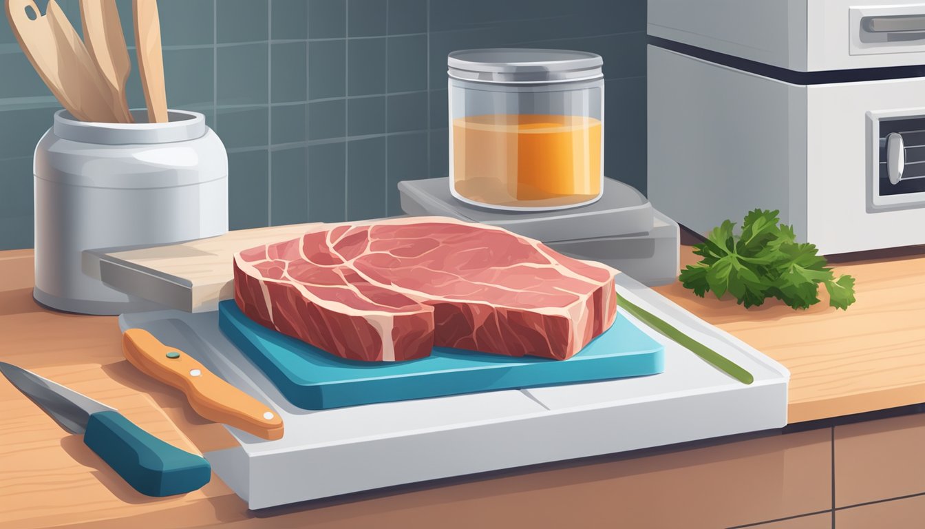 A clean kitchen counter with a cutting board, knife, and raw meat in a sealed container, with a refrigerator in the background