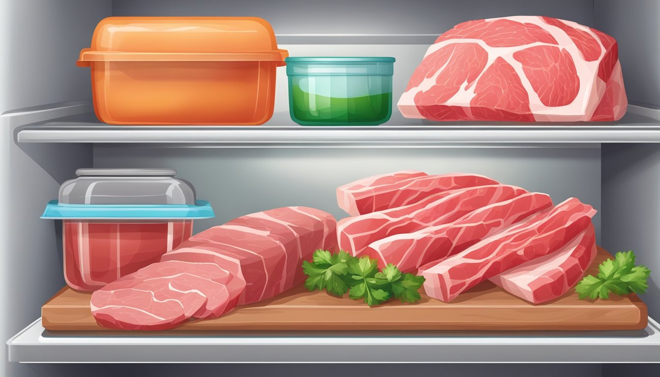 A refrigerator shelf with neatly wrapped raw meat and a separate cutting board for preparation, all kept separate from other food items