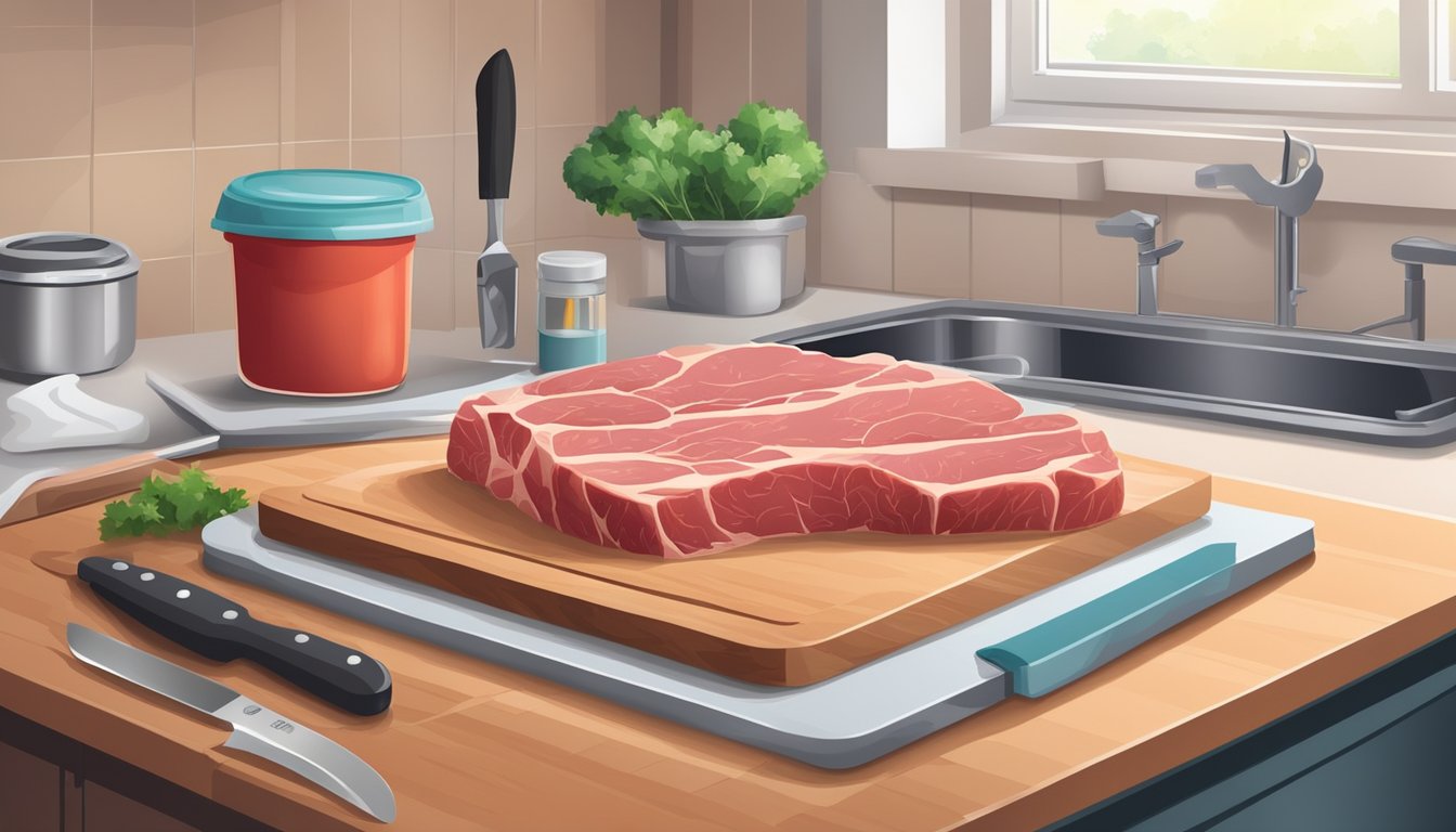 A kitchen counter with a cutting board, knife, and sealed containers for storing raw meat. A separate area for washing and handling meat to prevent cross-contamination