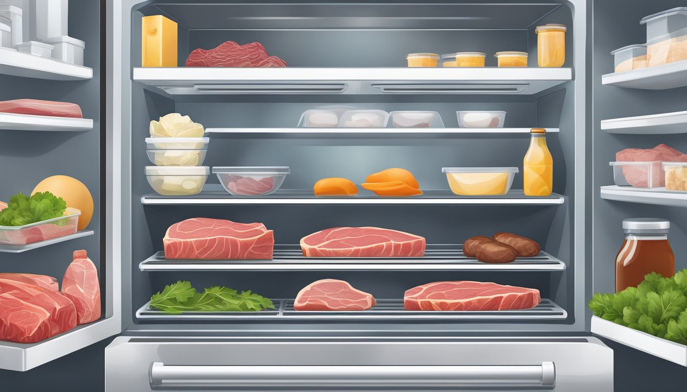 A clean, organized refrigerator with designated containers for raw meat, separate from other food items